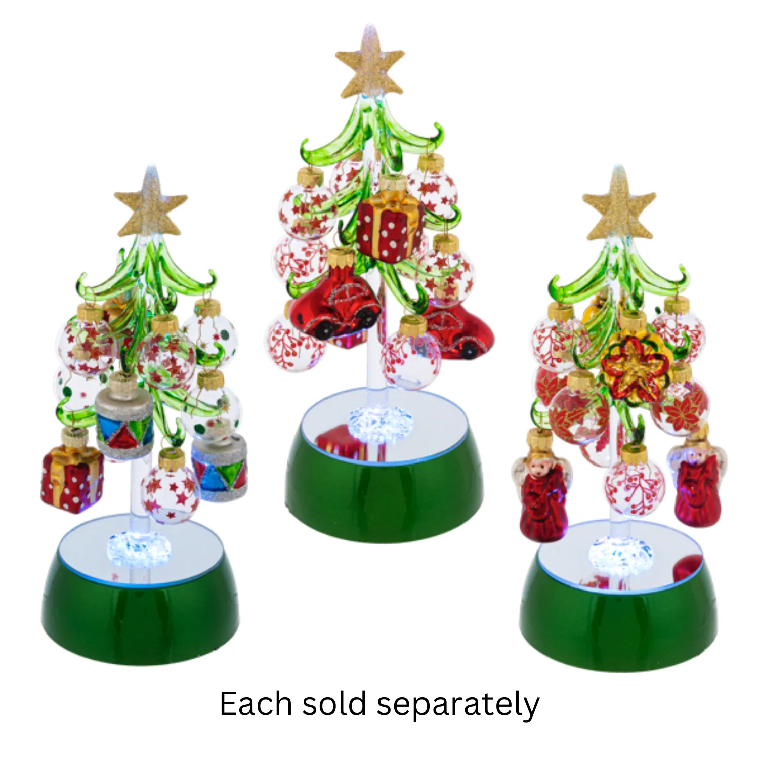 8" Light Up Glass Christmas Tree on Green Base with 12 Ornaments