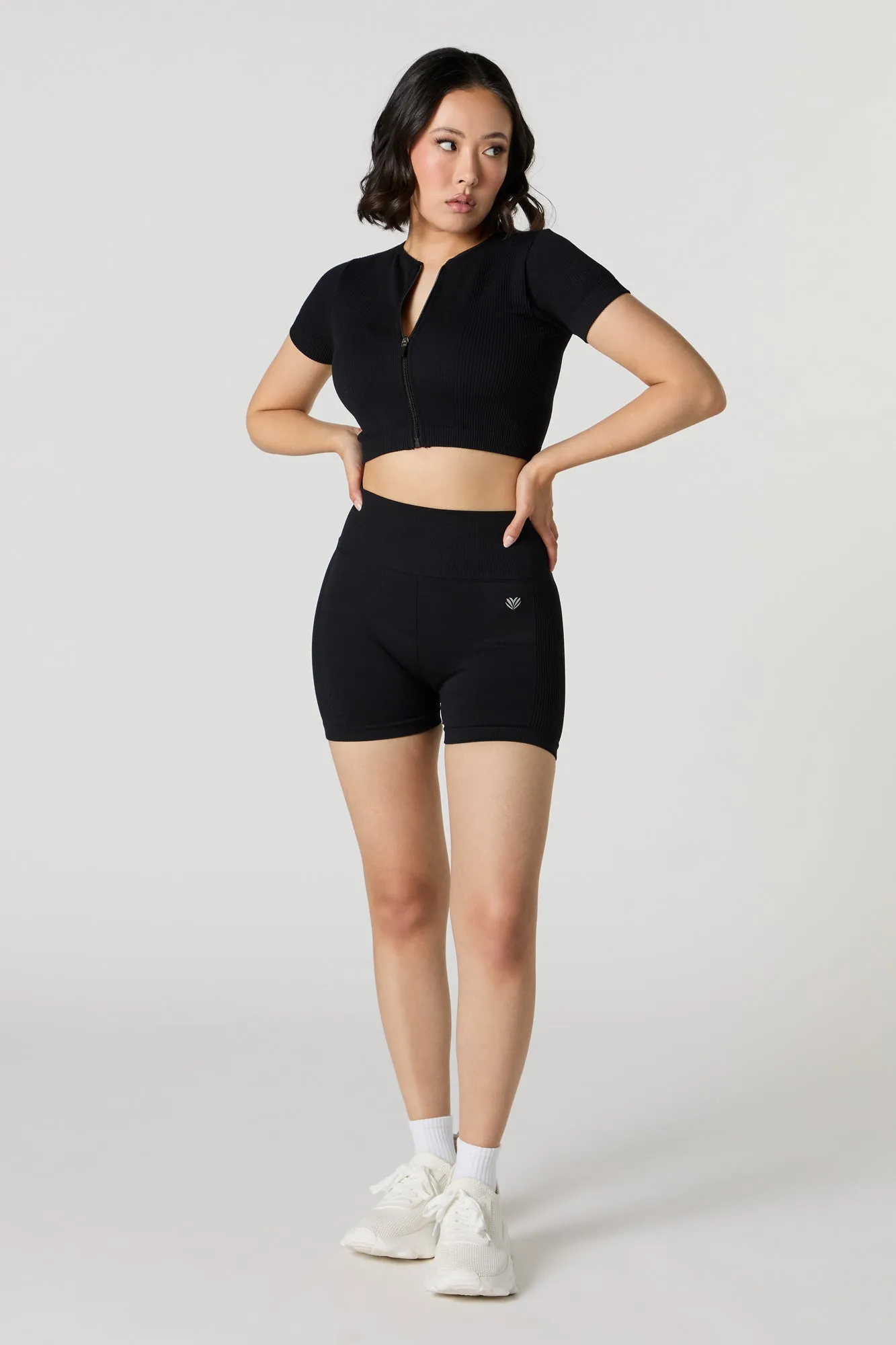 Active Seamless Ribbed Short Sleeve Zip-Up Crop Top