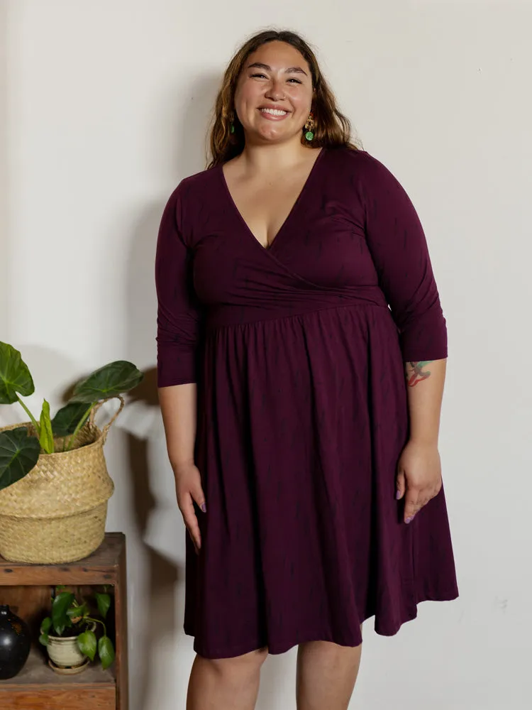 Callie 3/4 Sleeve Plus Size Wrap Dress - Diamond Vine Dark Purple