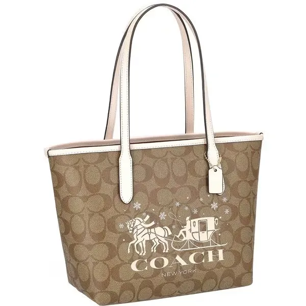 Coach Mini City Tote In Signature Canvas With Horse And Sleigh Khaki/Chalk