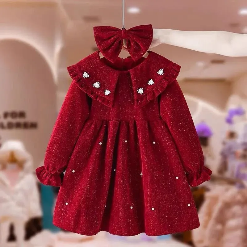 Embroidered Crimson Knee-Length Cotton Dress for Girls