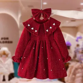 Embroidered Crimson Knee-Length Cotton Dress for Girls