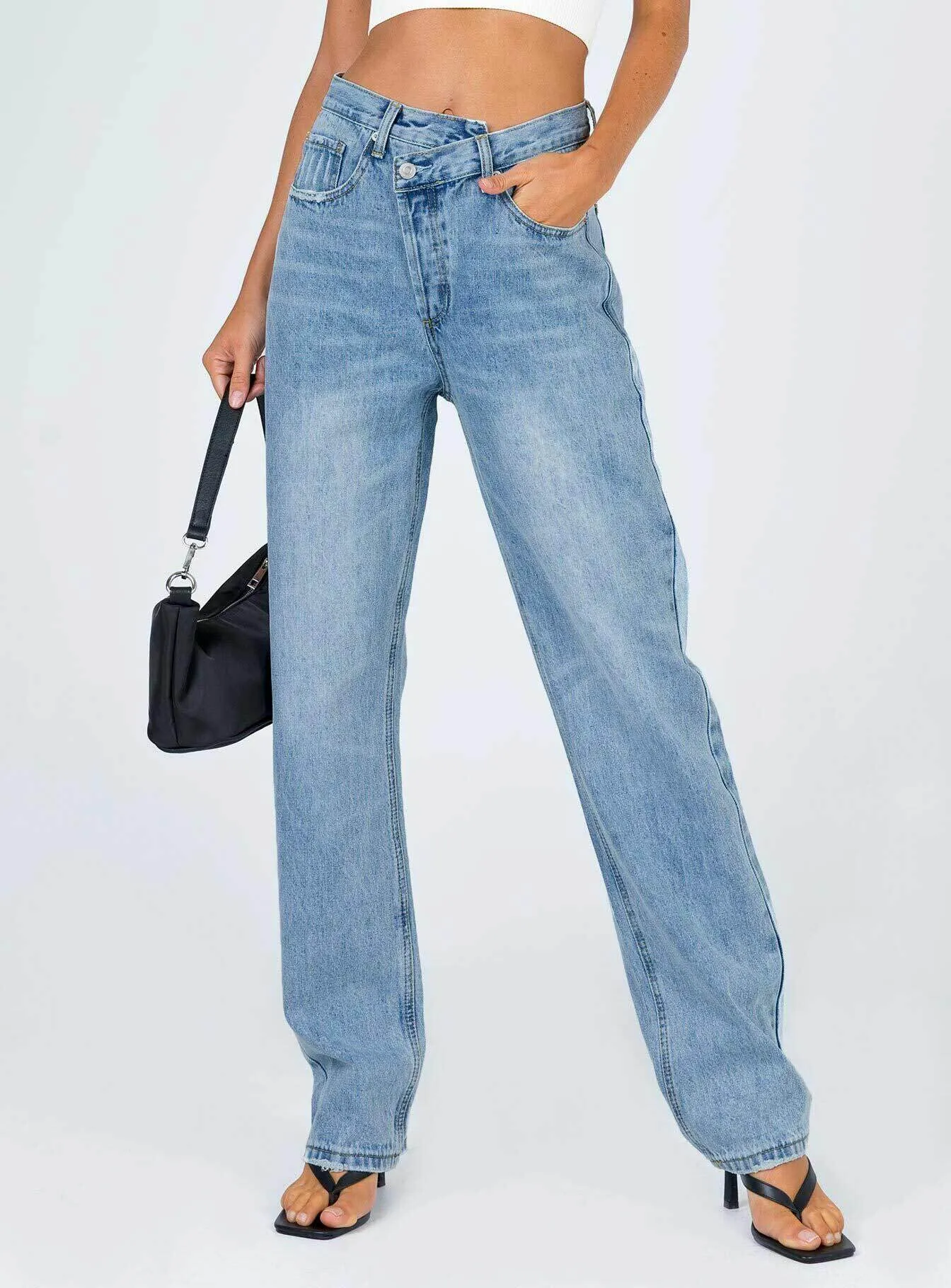 Holly Asymmetric Straight Leg Jean Light Wash Denim