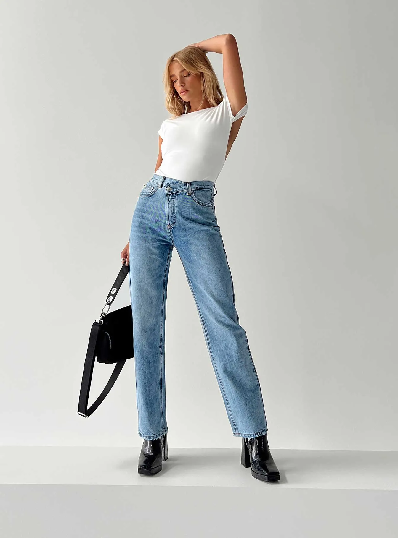 Holly Asymmetric Straight Leg Jean Light Wash Denim