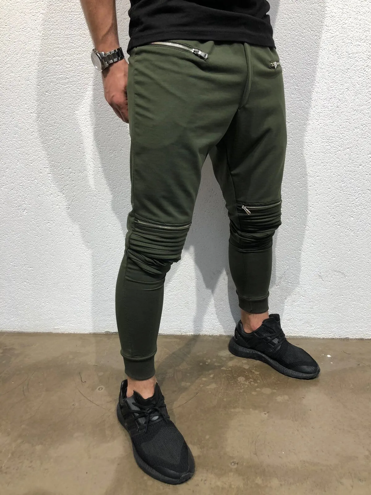 Khaki Knee Side Pocket Zipper Jogger Pant B170 Streetwear Jogger Pants