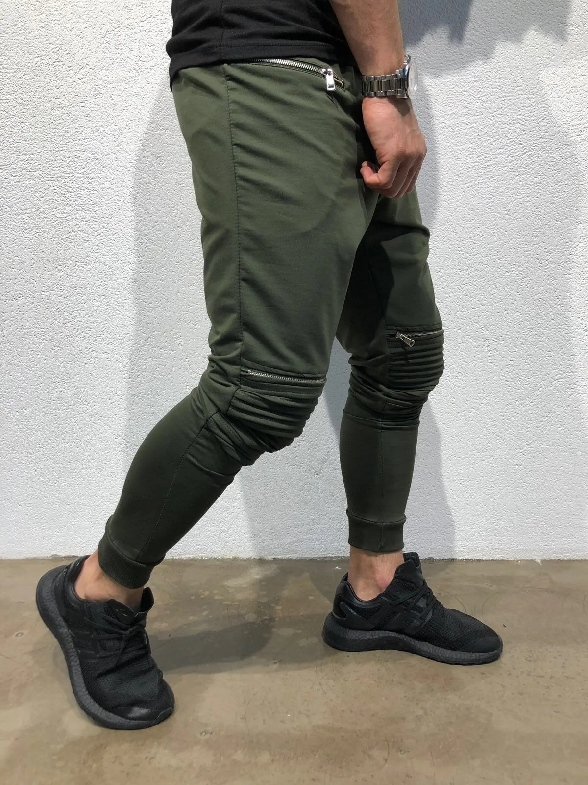 Khaki Knee Side Pocket Zipper Jogger Pant B170 Streetwear Jogger Pants