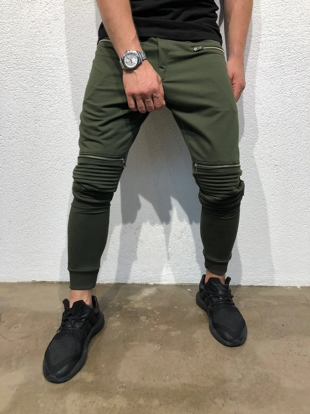 Khaki Knee Side Pocket Zipper Jogger Pant B170 Streetwear Jogger Pants