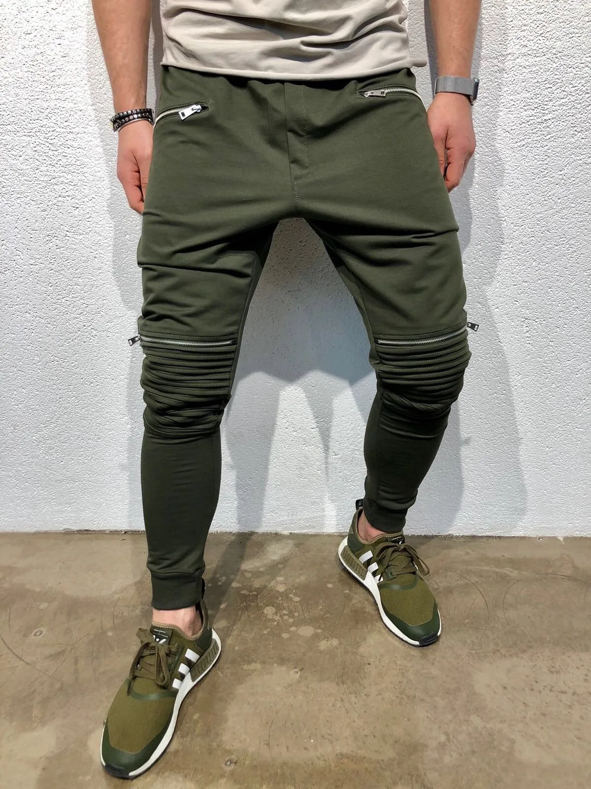 Khaki Knee Zipper Jogger Pant B123 Streetwear Jogger Pants