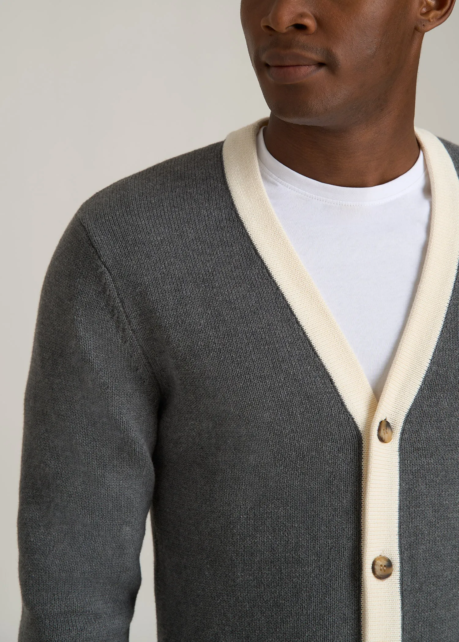 Knit Campus Cardigan for Tall Men in Charcoal Mix and Cream