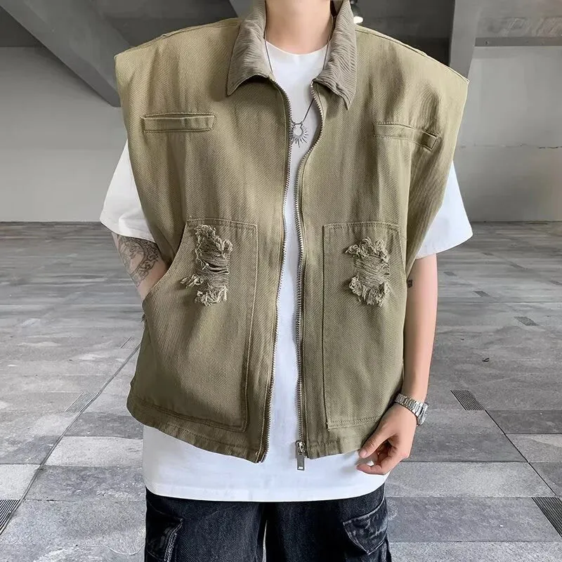 Men's Oversized Vintage Distressed Khaki Vest