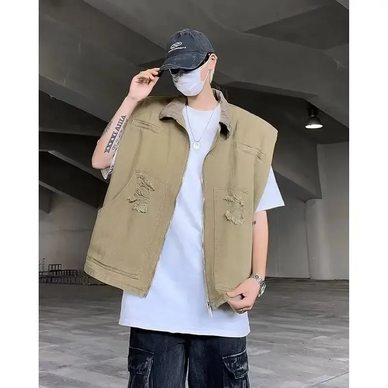 Men's Oversized Vintage Distressed Khaki Vest