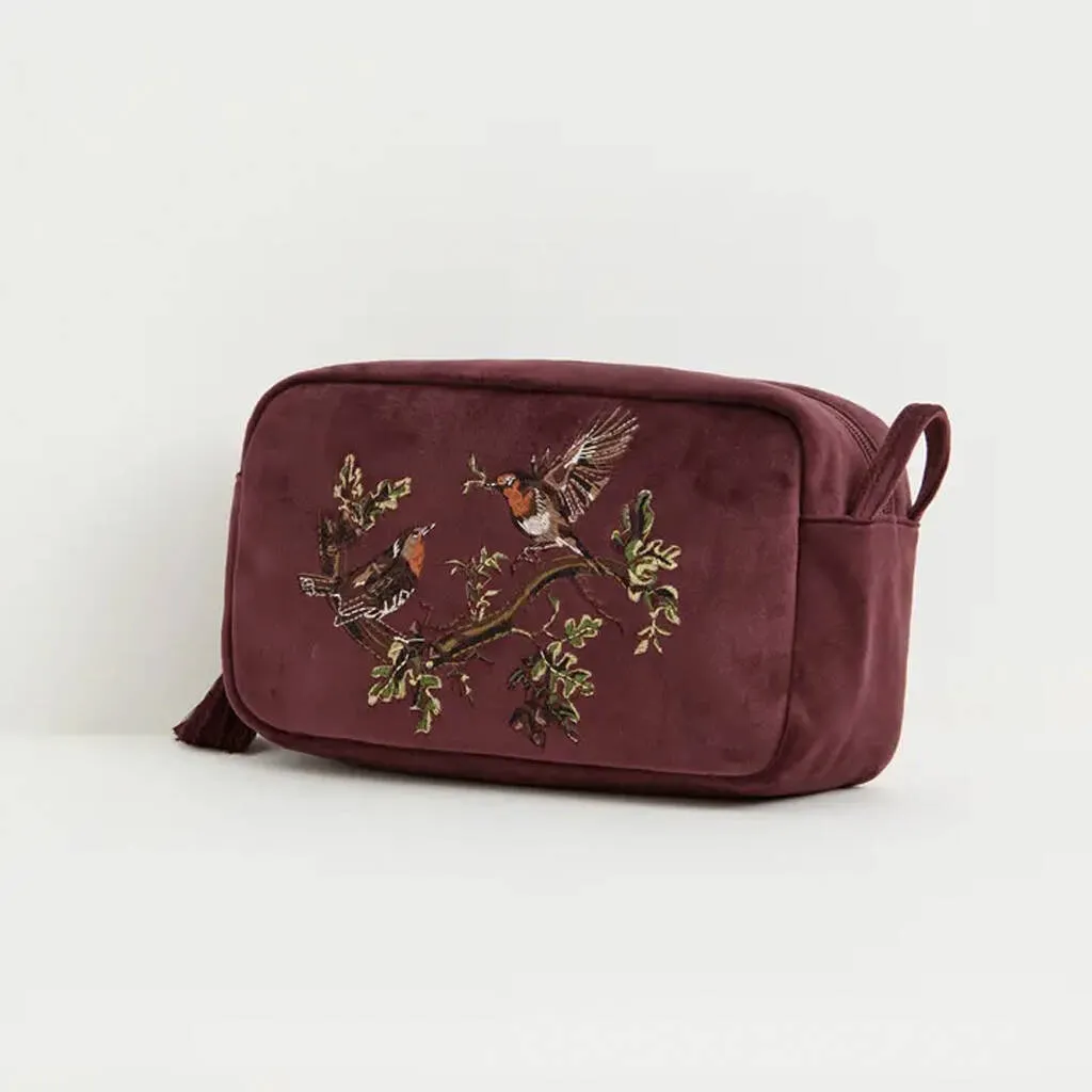 Robin Love Embroidered Velvet Makeup Pouch