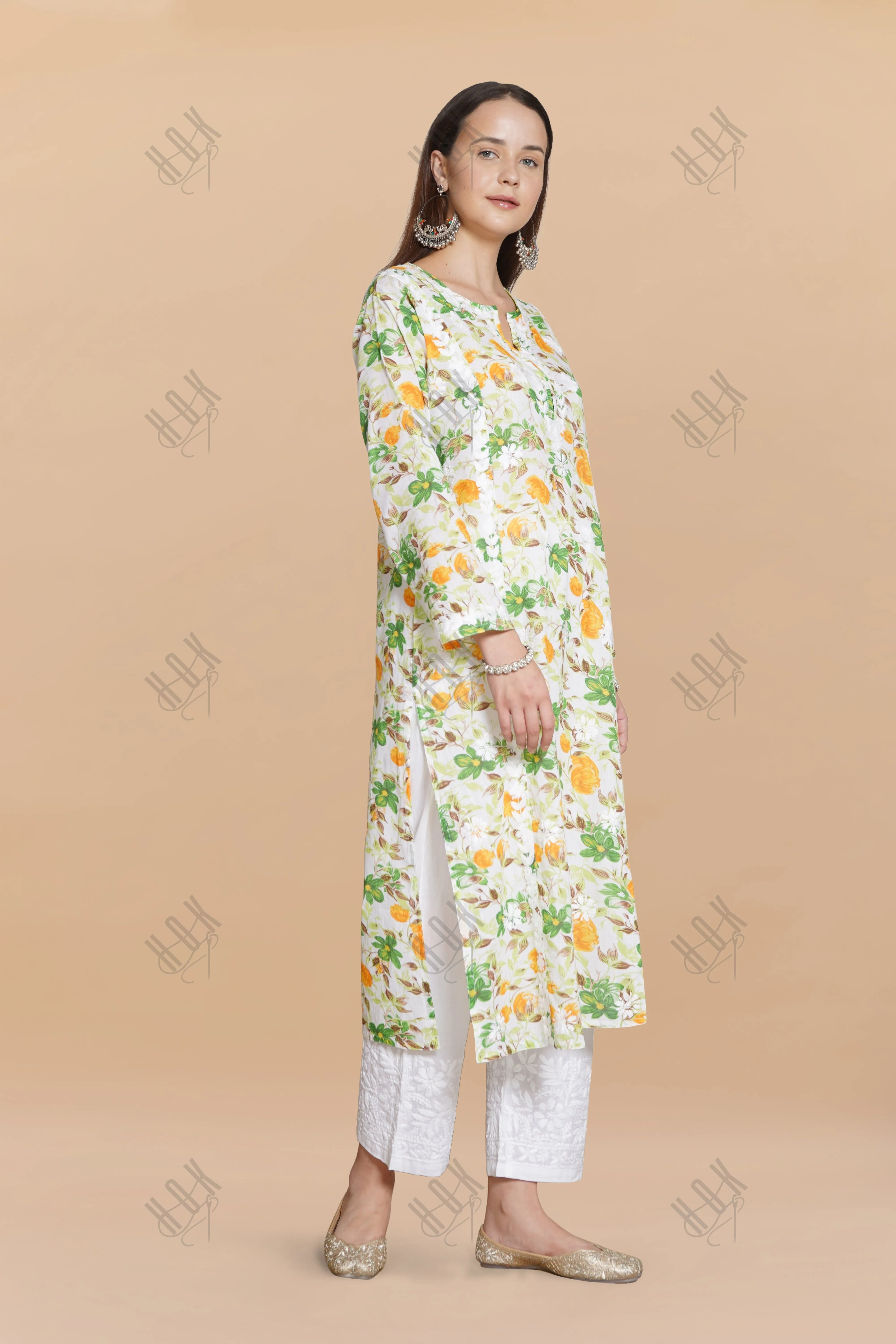 Saba Chikankari Kurta in Mul cotton in Green Floral