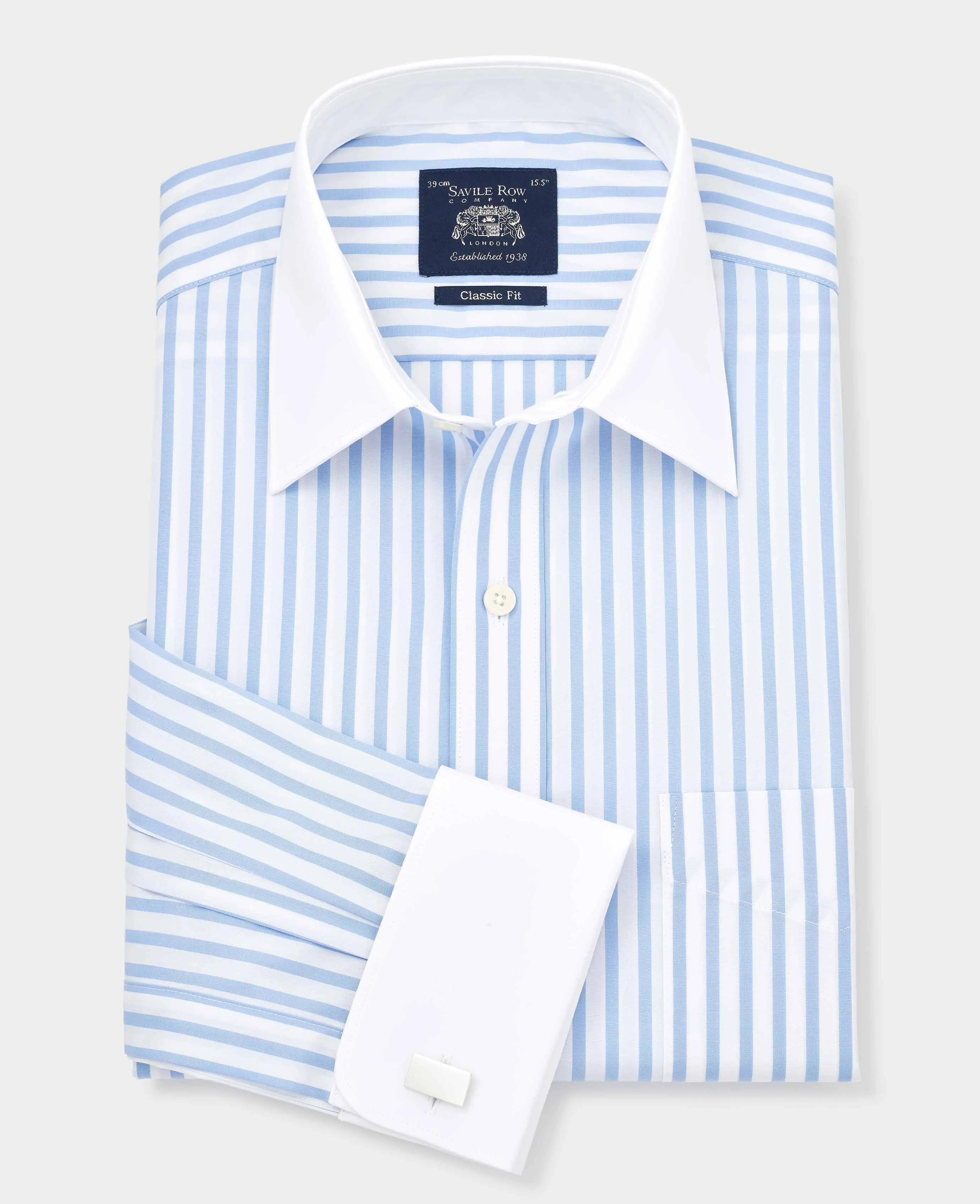 Sky Blue Stripe Classic Fit Contrast Collar Formal Shirt With White Collar & Cuffs