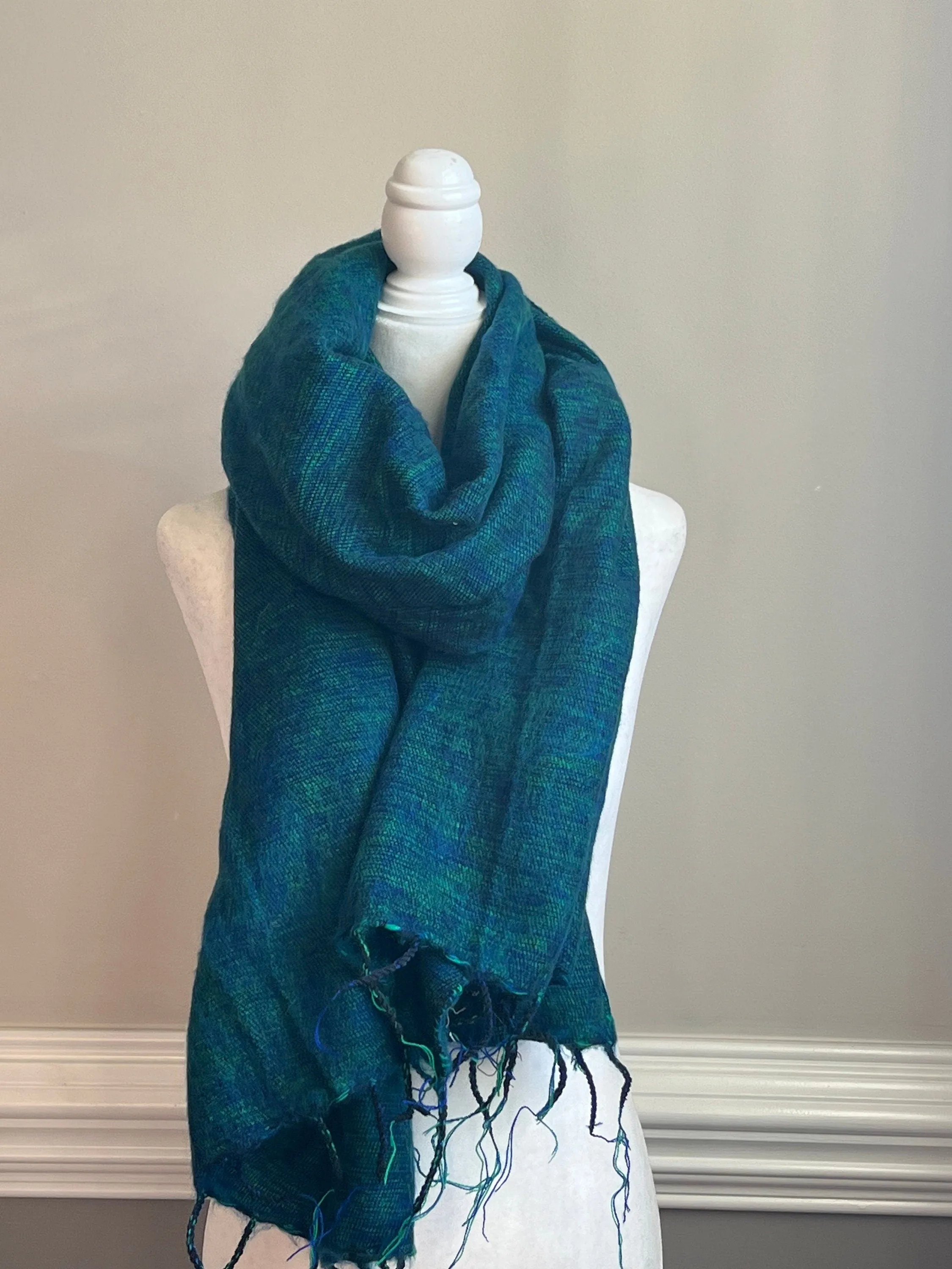 Teal green Handmade, Himalayan yak wool scarf/shawl/wrap/Hand loomed in Nepal