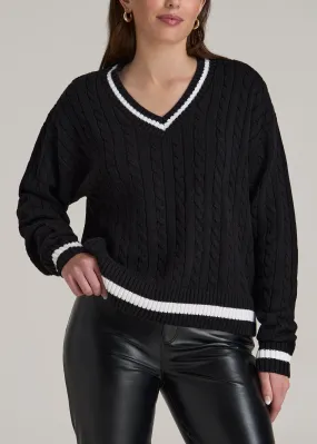 V-Neck Collegiate Sweater for Tall Women in Black and Bright White