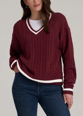 V-Neck Collegiate Sweater for Tall Women in Red Ochre and Winter White