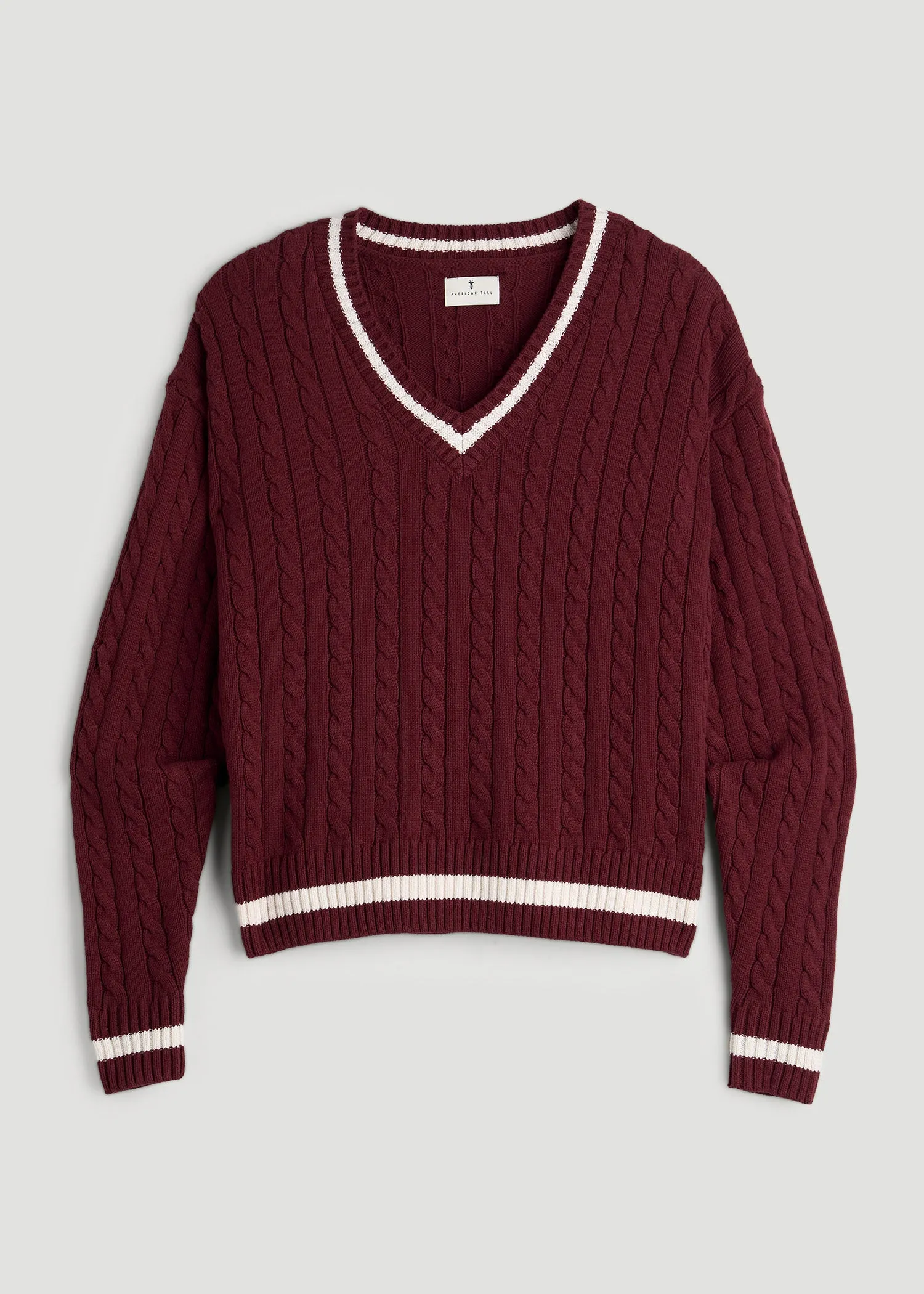 V-Neck Collegiate Sweater for Tall Women in Red Ochre and Winter White