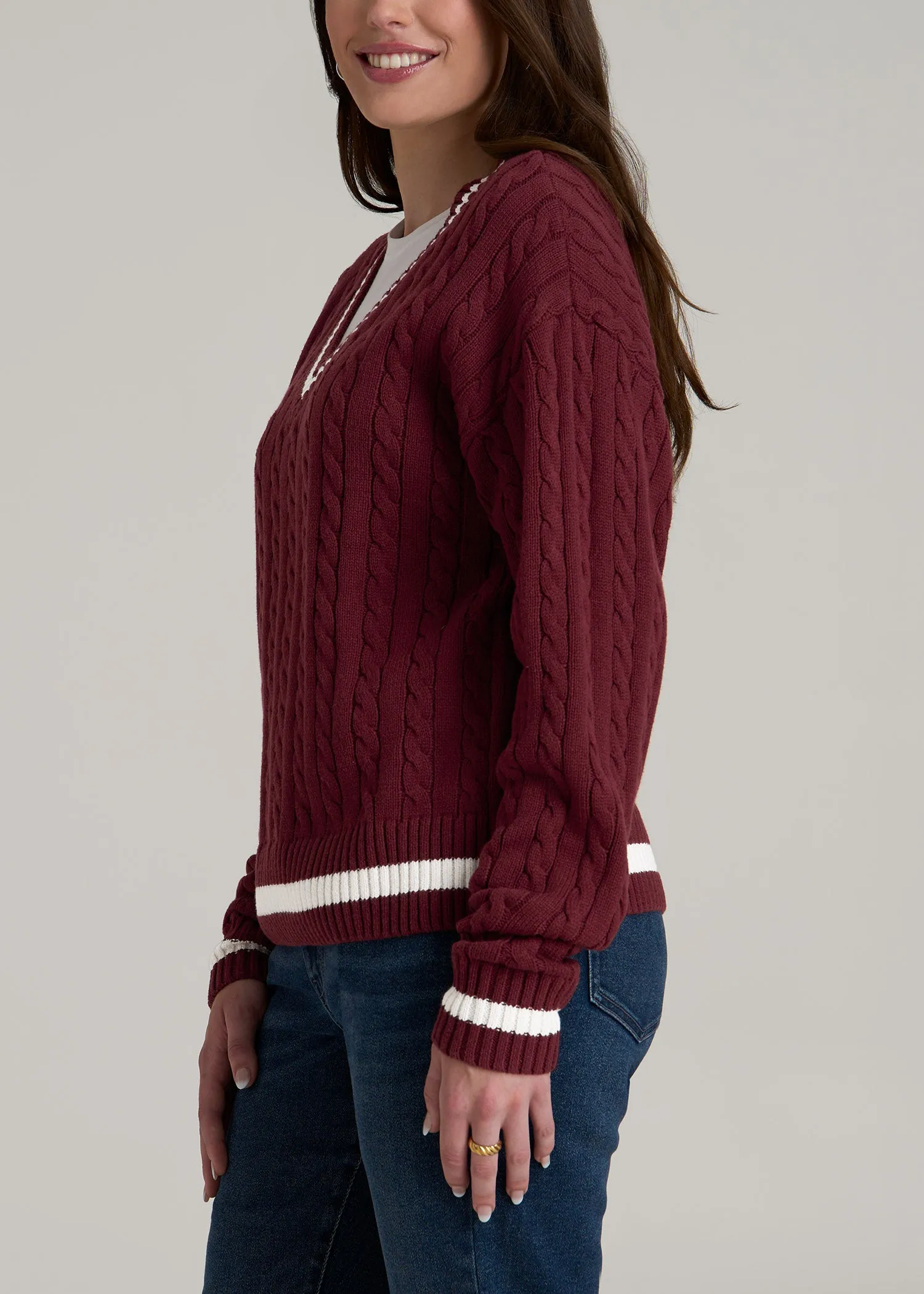 V-Neck Collegiate Sweater for Tall Women in Red Ochre and Winter White